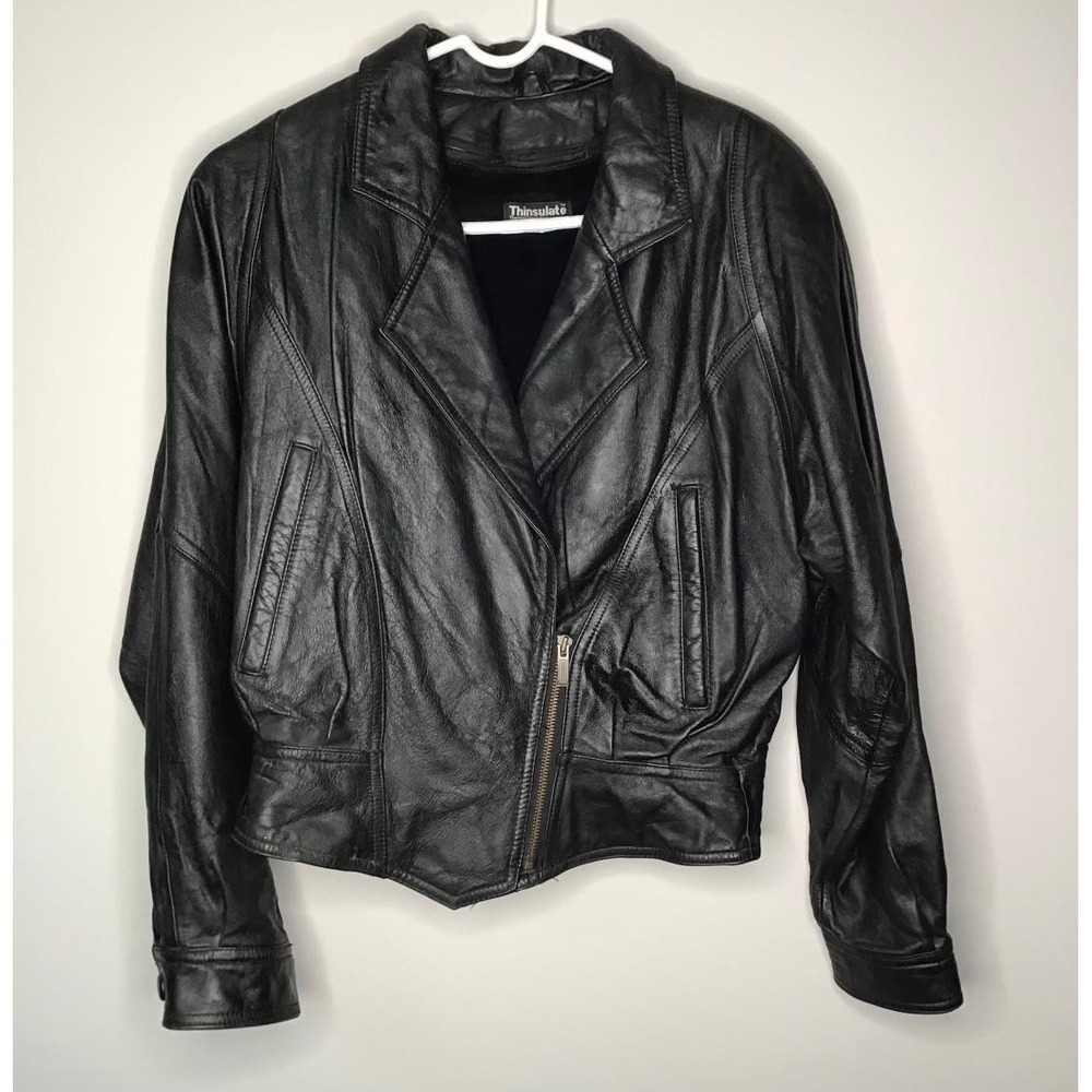 Vintage Wilsons Black Leather Moto Jacket Thinsulate Tie Up Back Biker Coat Sz S